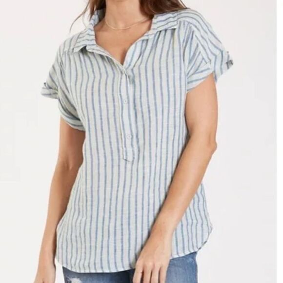 Dear John Channing Shirt Linen Striped lavender lagenlook boho coastal Beach L - Picture 2 of 8